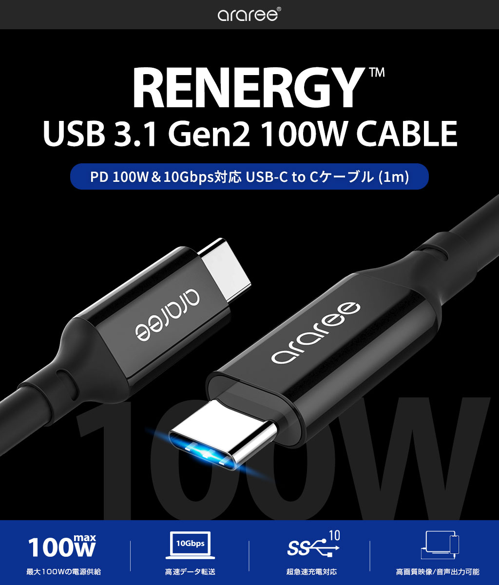 USB Type-C to C ケーブル RENERGY PD対応 100W 急速充電 1m USB3.1
